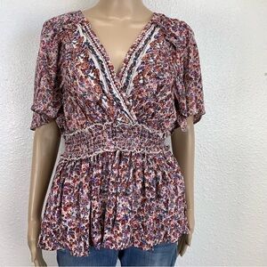 Angie Short Sleeve Surplice Floral Printed Woven Top bohemian Liberty print new